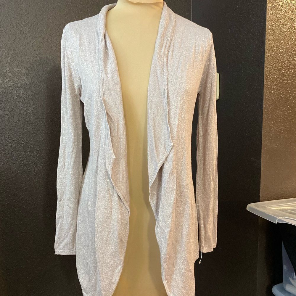 White House Black Market soft pink metallic open front shawl collar cardigan